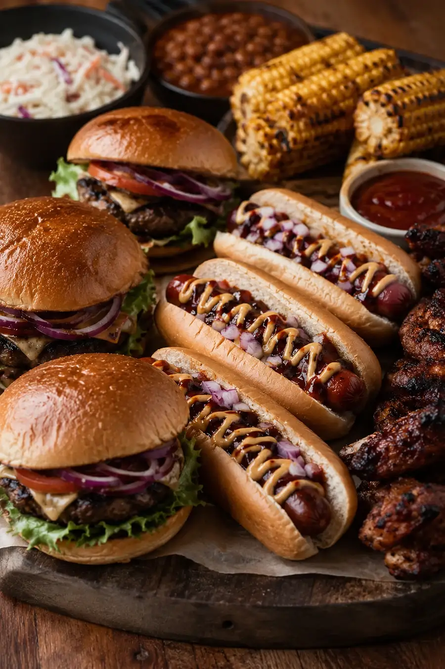 Burgers and skewers cooking over an open flame grill