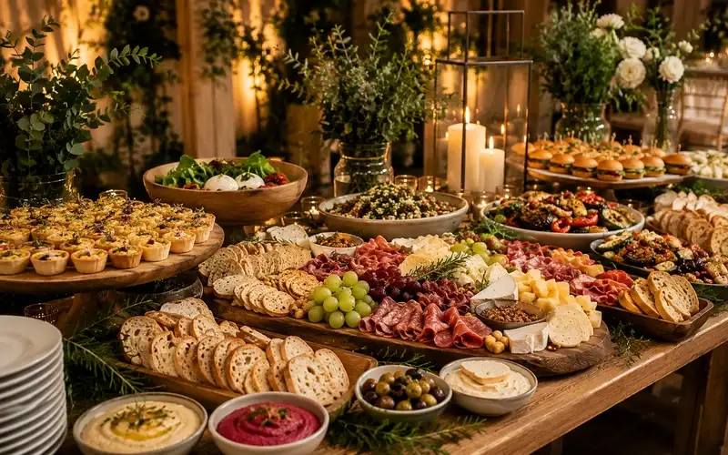 A sharing table of meats, cheeses, breads and fruit laid out for a gathering