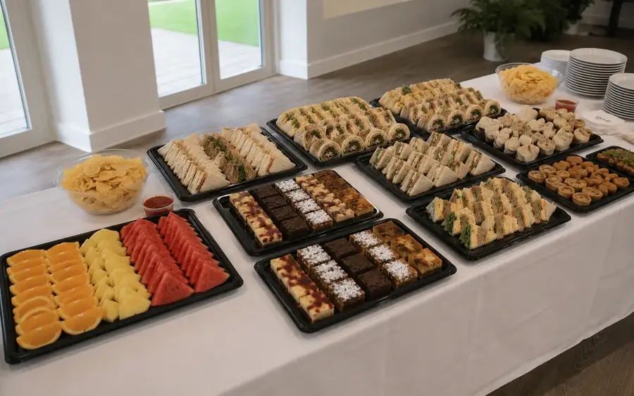 Finger buffet spread of quiche, sausage rolls and crisps ready for guests