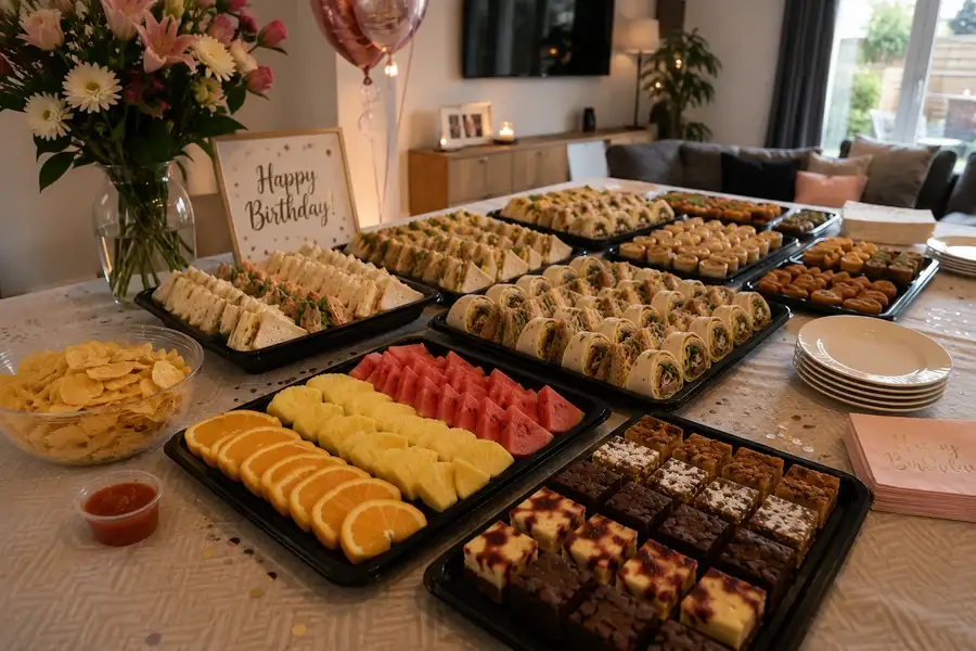 A hot buffet served from trays with plates ready alongside