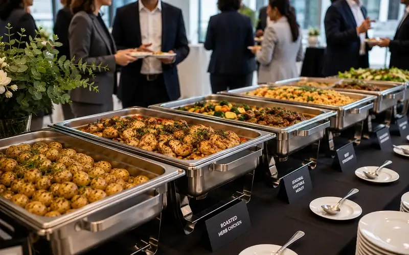 Serving staff plating hot food at a corporate catering event