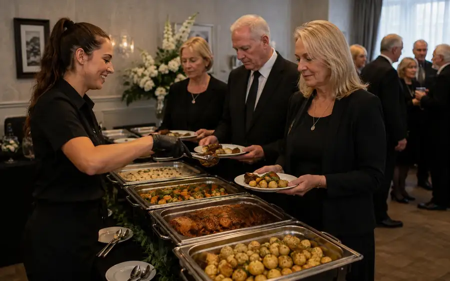 Tea and coffee served alongside a sandwich buffet at a wake