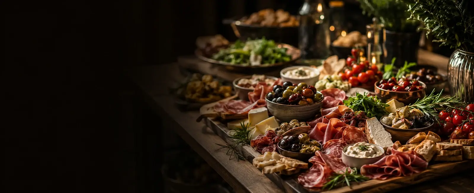 Charcuterie and grazing board laid out with cheeses, meats, fruit and breads
