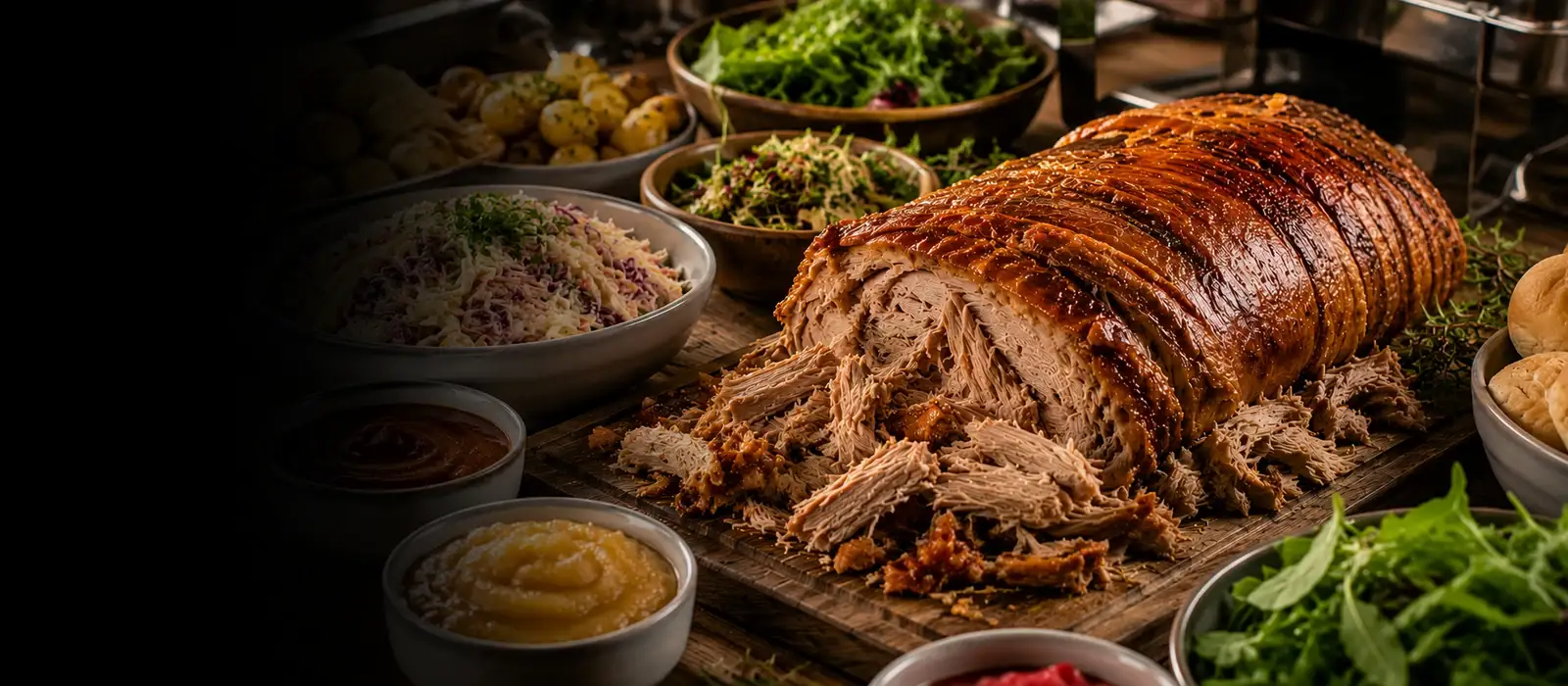 Hog roast being carved and served in fresh bread rolls at an event