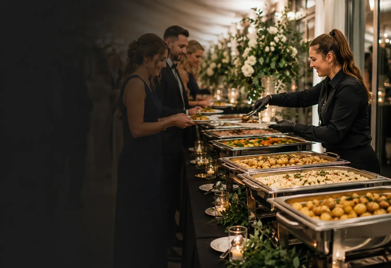 Hot buffet trays of curry, rice and roasted vegetables ready to serve