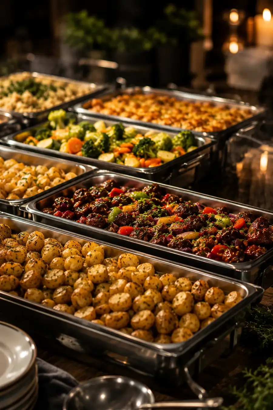 Hot buffet chafing dishes filled with curry, rice and sides