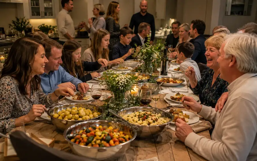 Sharing boards of breads, dips and antipasti down a long banquet table