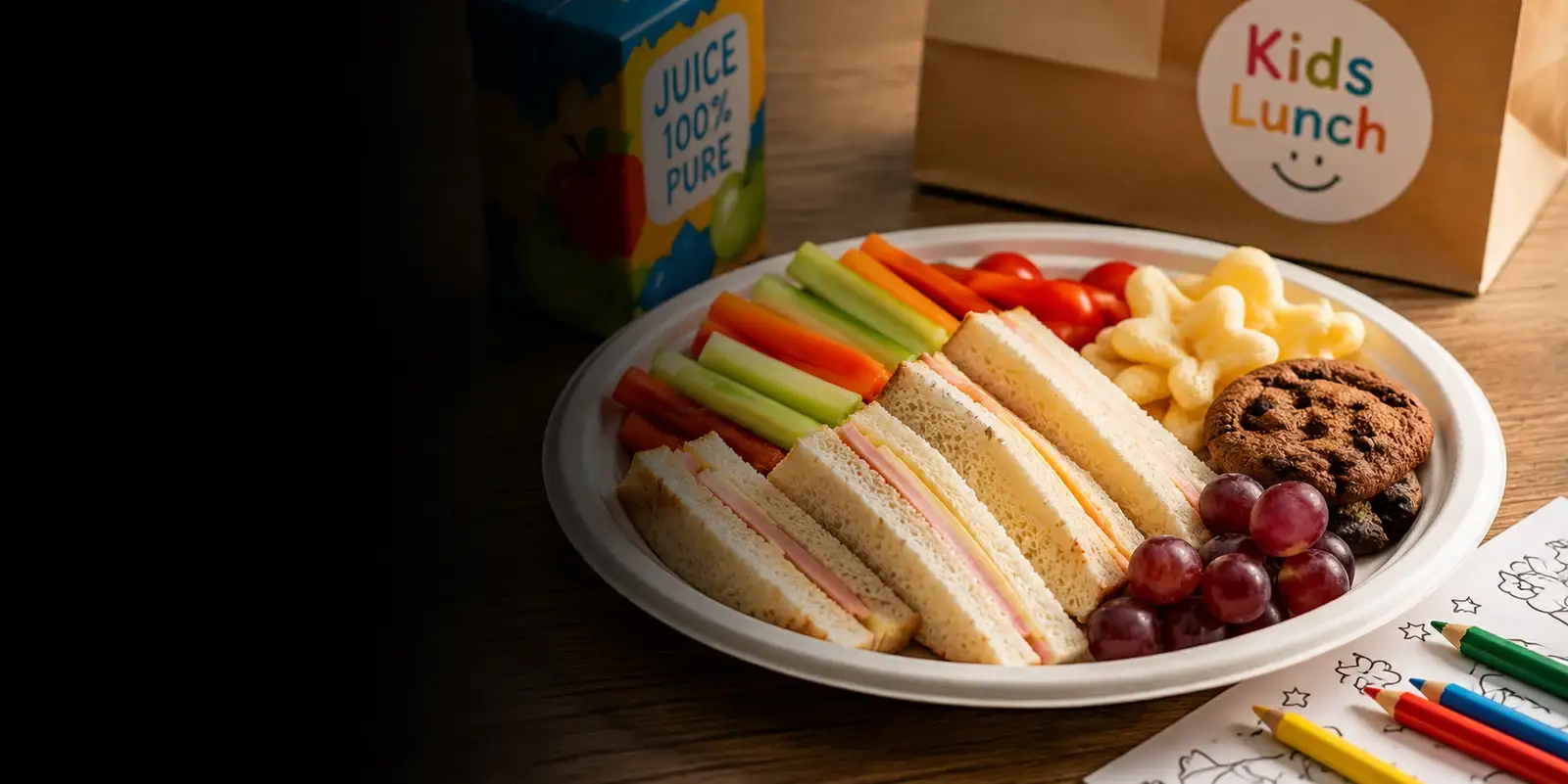 Colourful kids lunch boxes set out on a table at an activity club