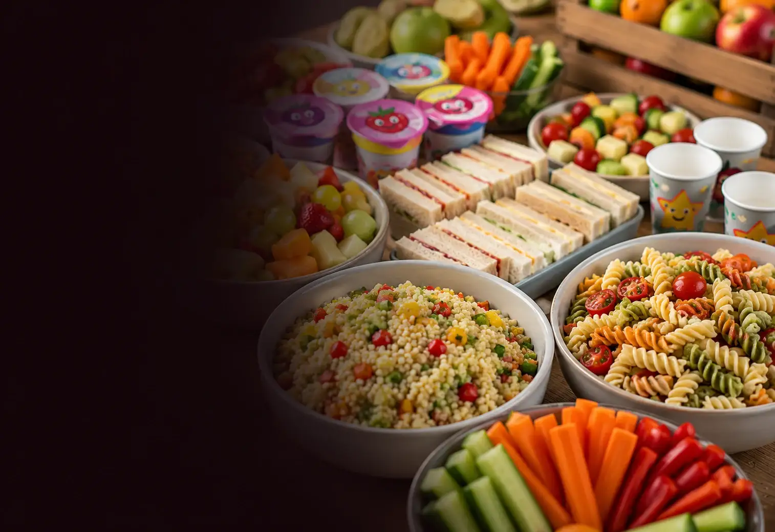 Packed lunch boxes with sandwiches, fresh fruit and snacks laid out ready for a holiday club