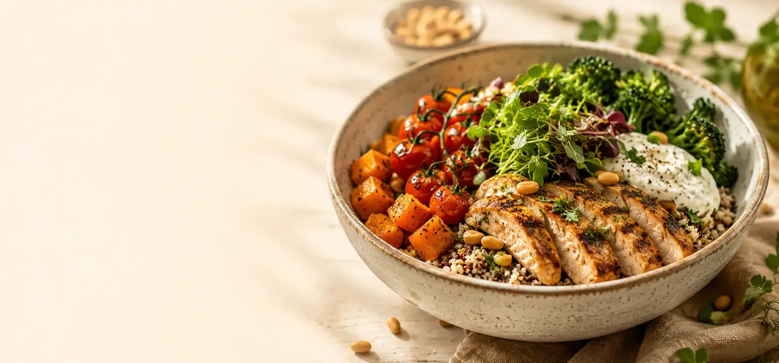Fresh salad bowl with roasted vegetables and grains