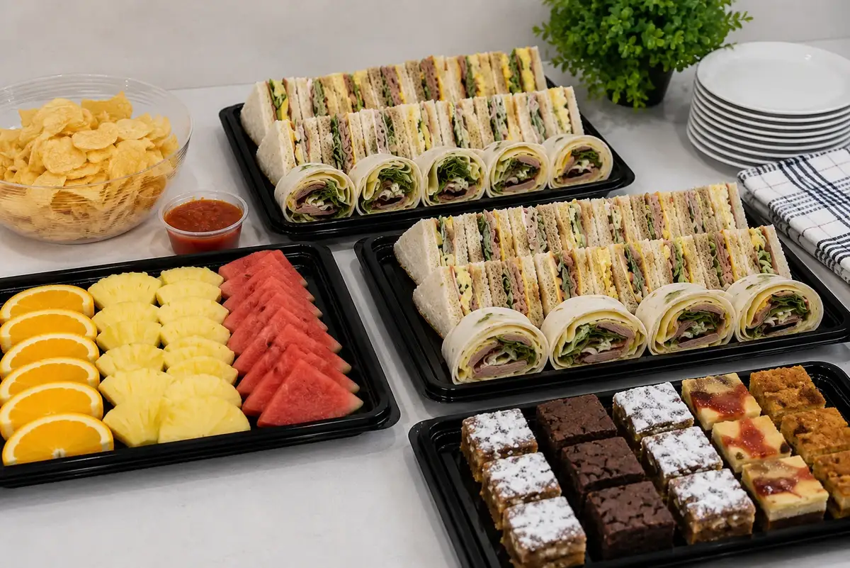 Assorted sandwich rounds and savoury bites arranged on serving platters