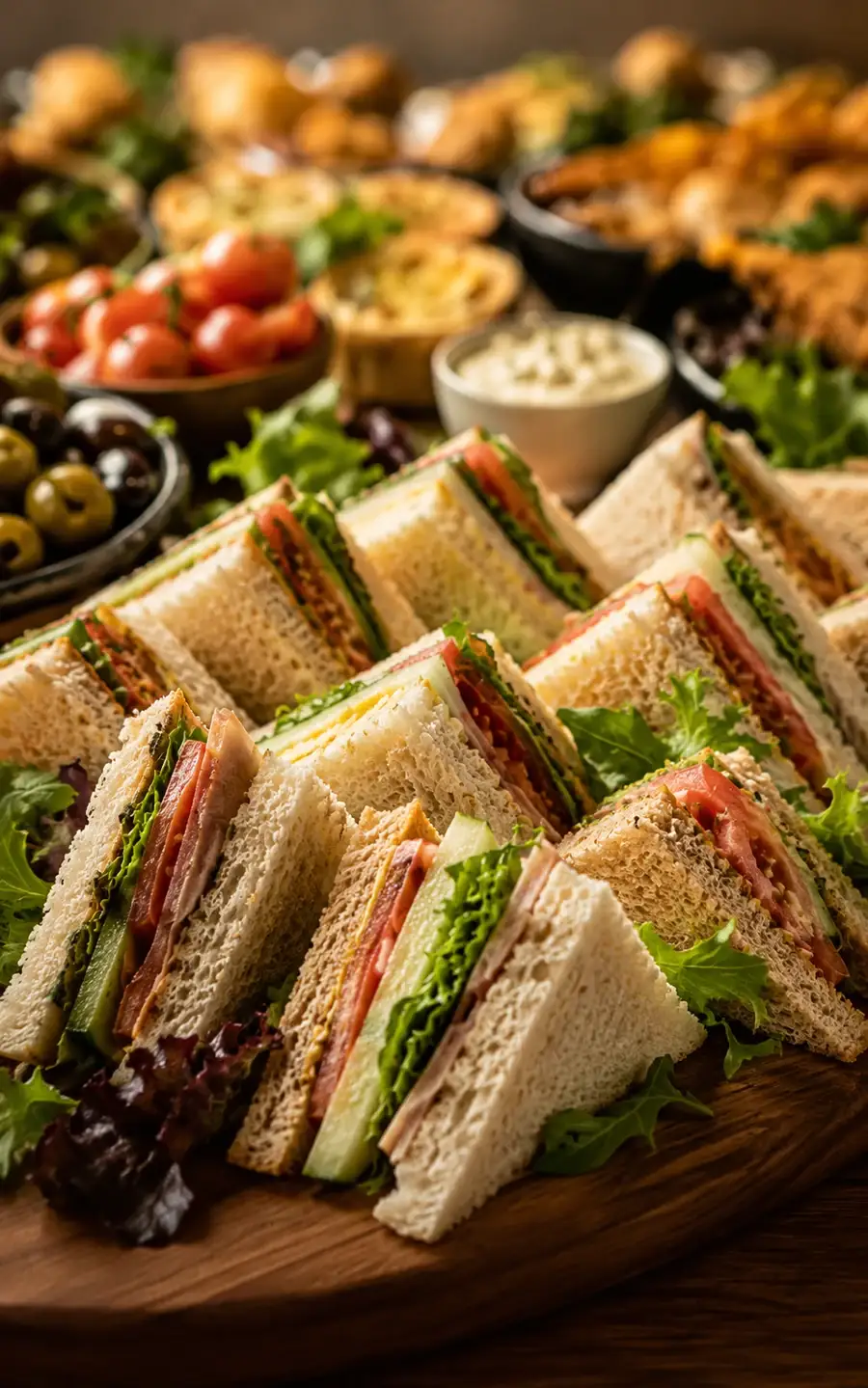 Platters of freshly made sandwiches cut into triangles