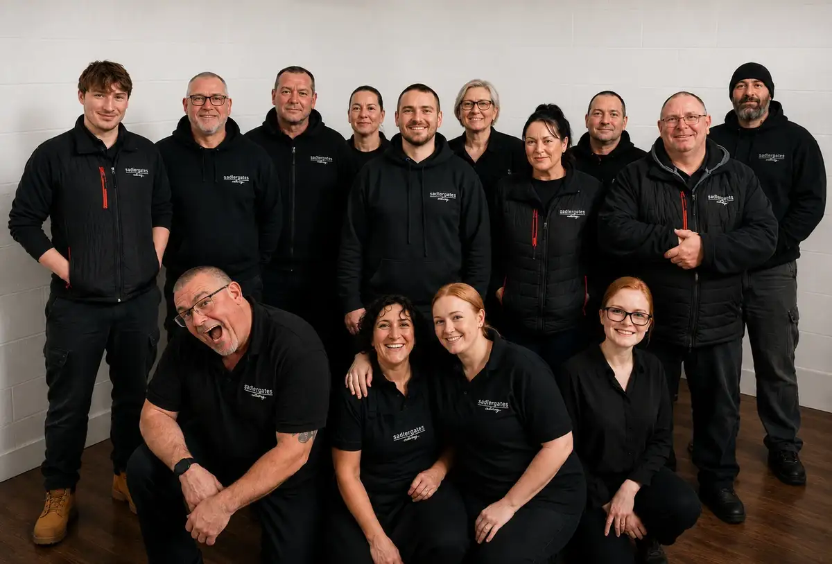 The Sadlergates team, sixteen chefs and drivers in branded blacks, photographed at the Hucknall kitchen