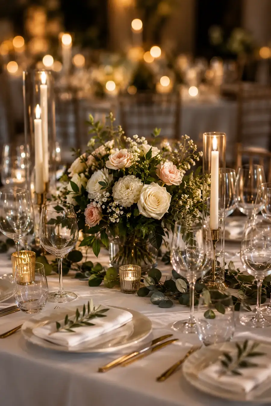 Wedding banquet table laid with plated courses